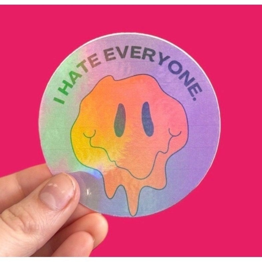 I Hate Everyone Melting Smiley Face Holographic Sticker Rainbow Trippy Decal